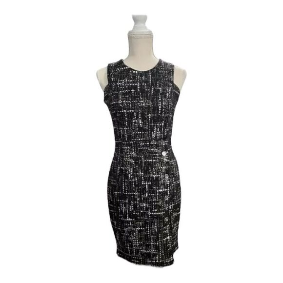 Stella & Julie Sheath Dress Size 4 Grey Silver Printed Sleeveless Stretch Button - Picture 1 of 12